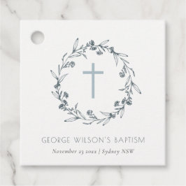Dusky Blue Floral Laurel Wreater Monogram Baptisme Bedankjes Labels