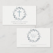 Dusky Blue Floral Laurel Wreater Monogram Baptisme Plaatskaartje (Voorkant / Achterkant)