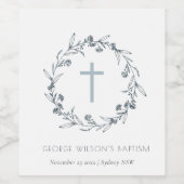 Dusky Blue Floral Laurel Wreater Monogram Baptisme Wijn Etiket (Enkel label)