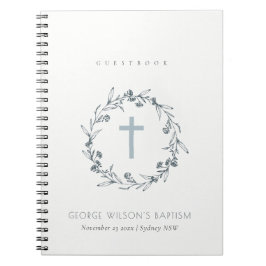 Dusky Blue Floral Laurel Wreath Monogram Baptism G Notitieboek