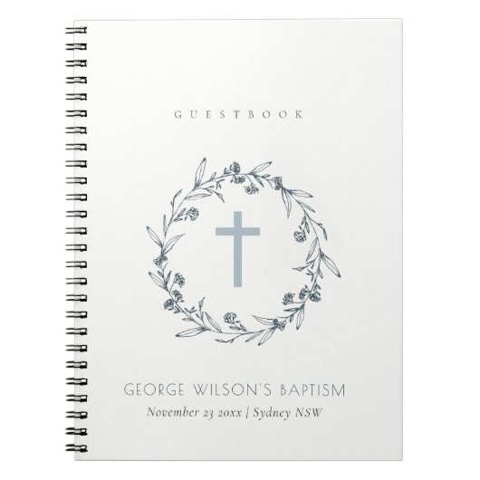 Dusky Blue Floral Laurel Wreath Monogram Baptism G Notitieboek (Voorkant)