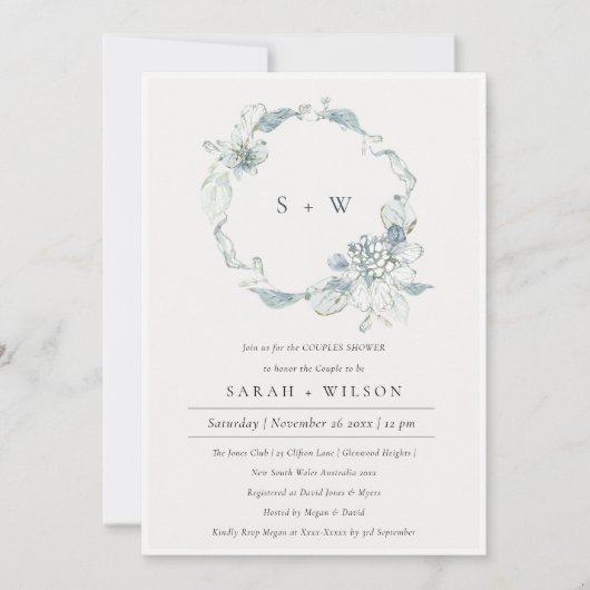 Dusky Blue Floral Wreatestellen Shower Invite Bedankkaart (Voorkant)