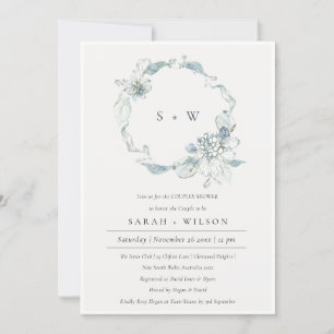 Dusky Blue Floral Wreatestellen Shower Invite Bedankkaart