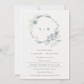 Dusky Blue Floral Wreath Monogram Wedding Invite Bedankkaart (Voorkant)