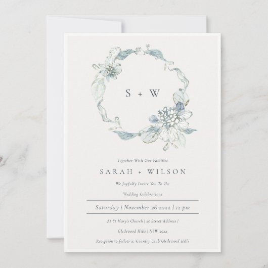 Dusky Blue Floral Wreath Monogram Wedding Invite Bedankkaart (Voorkant)