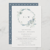 Dusky Blue Floral Wreath Monogram Wedding Invite Bedankkaart (Voorkant / Achterkant)