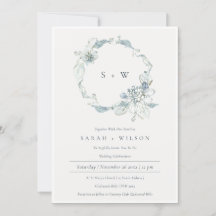 Dusky Blue Floral Wreath Monogram Wedding Invite