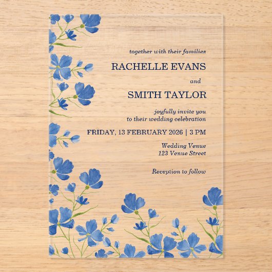 Dusky Blue Flower Wedding Invite Acryl Uitnodigingen (Voorkant)