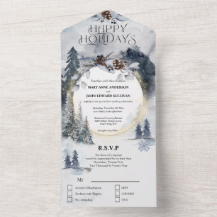 Dusky Blue Forest waterverf Bomen Xmas bruiloft All In One Uitnodiging