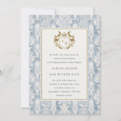  Dusky Blue Gold Damask Waterverf Bruiloft Kaart (Voorkant)