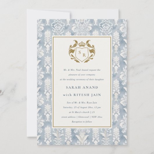  Dusky Blue Gold Damask Waterverf Bruiloft Kaart (Voorkant)