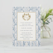  Dusky Blue Gold Damask Waterverf Bruiloft Kaart (Staand voorkant)