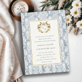 Dusky Blue Gold Damask Waterverf Bruiloft Kaart