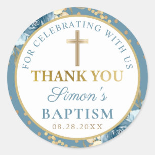 Dusky Blue Gold Floral Baptisme Hartelijk dank Ronde Sticker