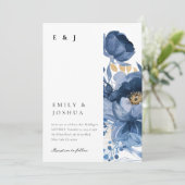 Dusky Blue Gold Floral bruiloft uitnodiging (Staand voorkant)