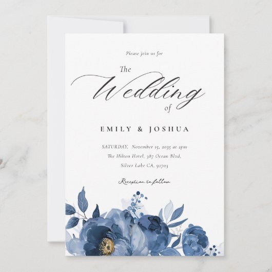 Dusky Blue Gold Floral bruiloft uitnodiging (Voorkant)