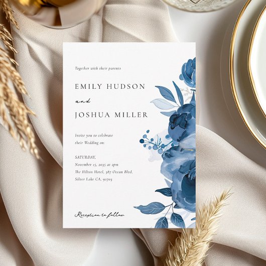 Dusky Blue Gold Floral bruiloft uitnodiging