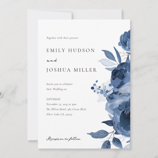 Dusky Blue Gold Floral bruiloft uitnodiging (Voorkant)