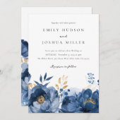 Dusky Blue Gold Floral bruiloft uitnodiging (Voorkant / Achterkant)