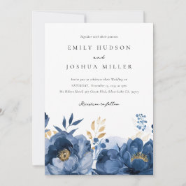 Dusky Blue Gold Floral bruiloft uitnodiging