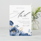 Dusky Blue Gold Floral bruiloft uitnodiging (Staand voorkant)