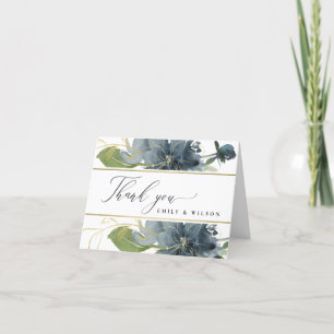 DUSKY BLUE GOLD GREEN FLORAL WATERVERF WEDING BEDANKKAART