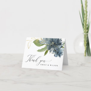 DUSKY BLUE GOLD GREEN FLORAL WATERVERF WEDING BEDANKKAART