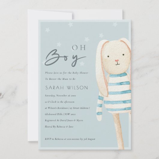 Dusky Blue Gray Bunny Oh Boy Baby shower nodigt ui Bedankkaart (Voorkant)