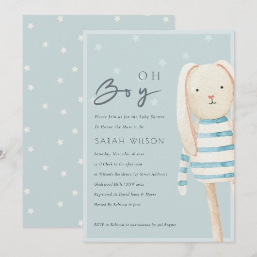 Dusky Blue Gray Bunny Oh Boy Baby shower nodigt ui Bedankkaart (Voorkant / Achterkant)