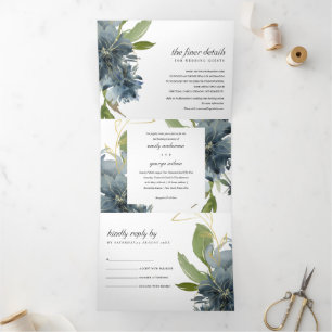 DUSKY BLUE GREEN GOLD FLORAL WATERVERF WEDING DRIELUIK UITNODIGING