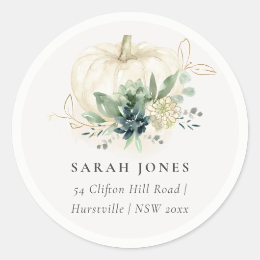 Dusky Blue Green Gold Succulent Pumpkin-adres Ronde Sticker (Voorkant)