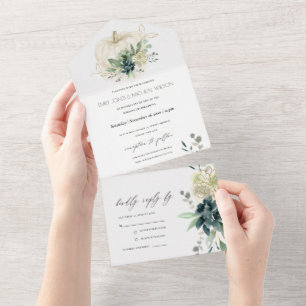 Dusky Blue Green Gold Succulent Pumpkin Weddenscha All In One Uitnodiging