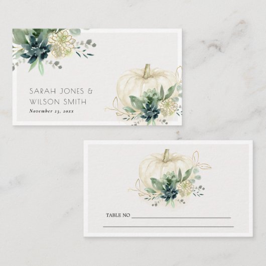 Dusky Blue Green Gold Succulent Pumpkin Weddenscha Plaatskaartje (Voorkant / Achterkant)