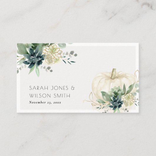 Dusky Blue Green Gold Succulent Pumpkin Weddenscha Plaatskaartje (Voorkant)