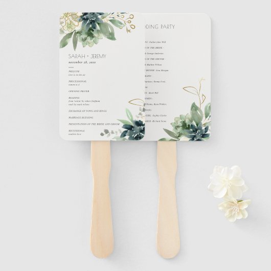 Dusky Blue Green Succulent Foliage Wedding Program Handwaaier (Voorkant en achterkant)