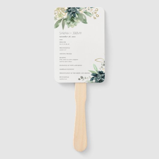 Dusky Blue Green Succulent Foliage Wedding Program Handwaaier (Voorkant)