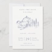 Dusky Blue Grey Kraft Rustic Pine Mountain Sketch Save The Date (Voorkant)
