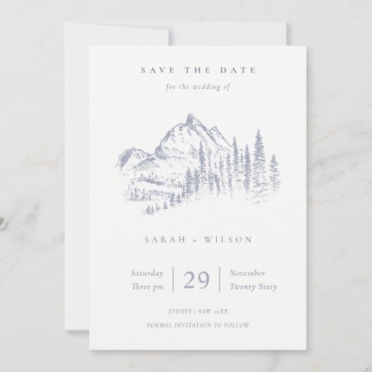 Dusky Blue Grey Kraft Rustic Pine Mountain Sketch Save The Date (Voorkant)