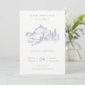Dusky Blue Grey Kraft Rustic Pine Mountain Sketch Save The Date (Staand voorkant)