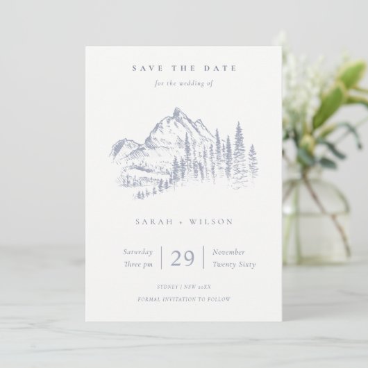 Dusky Blue Grey Kraft Rustic Pine Mountain Sketch Save The Date (Staand voorkant)