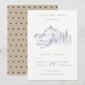 Dusky Blue Grey Kraft Rustic Pine Mountain Sketch Save The Date (Voorkant / Achterkant)