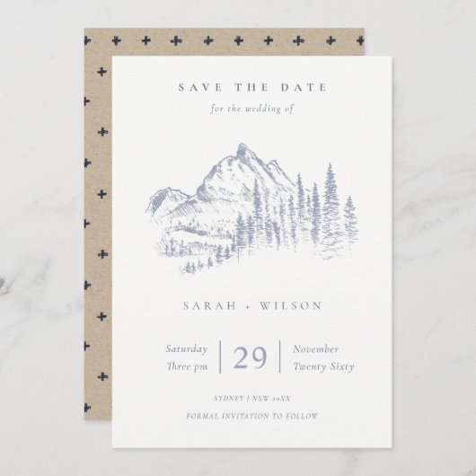 Dusky Blue Grey Kraft Rustic Pine Mountain Sketch Save The Date (Voorkant / Achterkant)