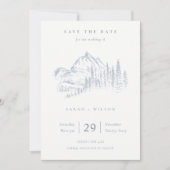 Dusky Blue Grey Kraft Rustic Pine Mountain Sketch Save The Date (Voorkant)