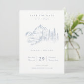 Dusky Blue Grey Kraft Rustic Pine Mountain Sketch Save The Date (Staand voorkant)