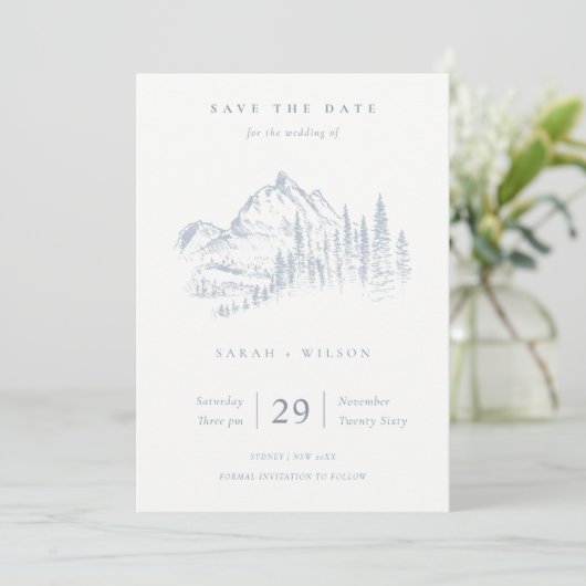 Dusky Blue Grey Kraft Rustic Pine Mountain Sketch Save The Date (Staand voorkant)