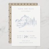 Dusky Blue Grey Kraft Rustic Pine Mountain Sketch Save The Date (Voorkant / Achterkant)