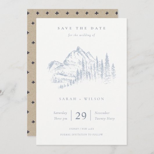 Dusky Blue Grey Kraft Rustic Pine Mountain Sketch Save The Date (Voorkant / Achterkant)