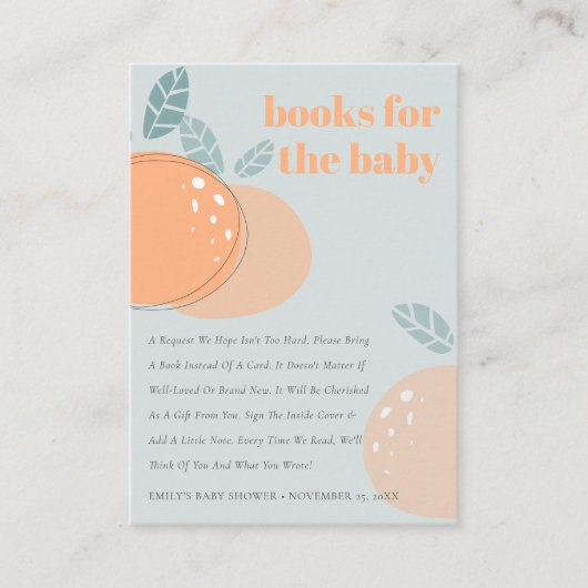 Dusky Blue Oranje Fruity Books voor Baby shower Informatiekaartje (Voorkant)
