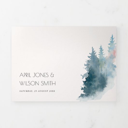 DUSKY BLUE PINK MOUNTAINS PINE WATERVERF WEDING DRIELUIK UITNODIGING (Cover)