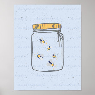 Dusky Blue Rough Schets Vuurvliegen in Mason Jar Poster